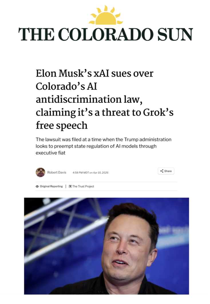The Colorado Sun headline: Elon Musk's xAI sues over Colorado's AI antidiscrimination law.